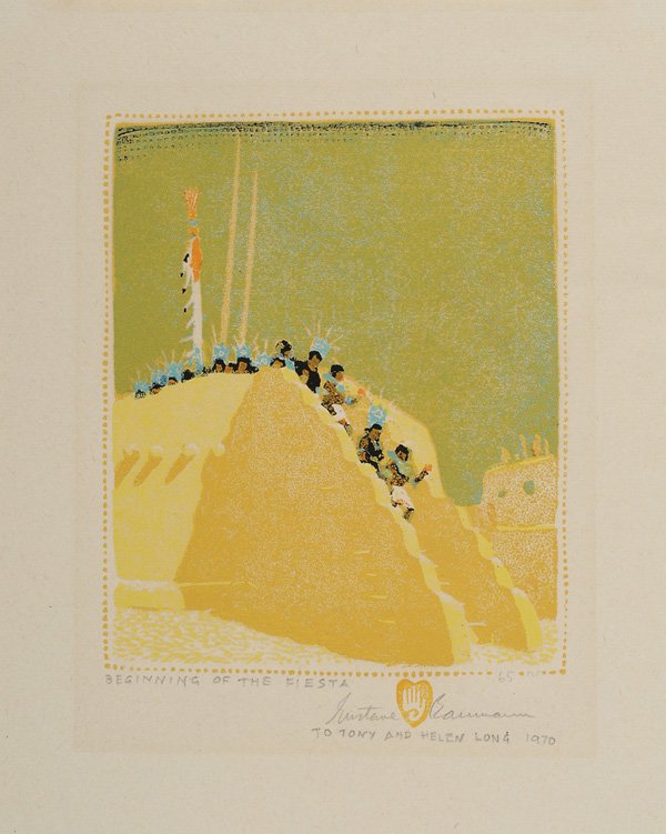 Gustave Baumann: (New Mexico/California, 1881-1971) Beginning of the Fiesta, signed lower right "Gustave Baumann" and inscribed "To Tony and Helen", color woodcut on paper, 11-1/8 x 9 in. (page); modern frame, light t