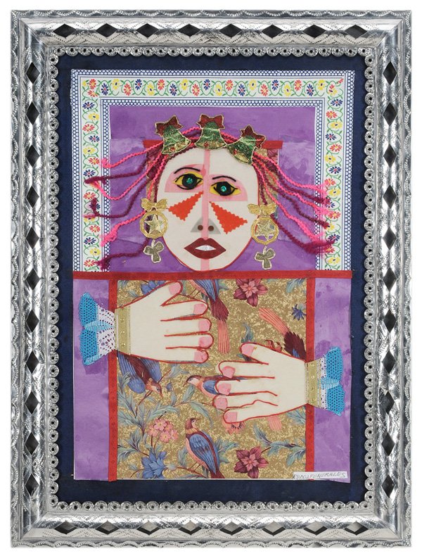 Rodolfo Morales: (Mexican, 1925-2001) Untitled, woman, signed lower right "Rodolfo Morales", mixed media collage, 23-1/4 x 17-1/8 in.; artist's pieced-metal frame, one thread loose at finger; frame with one bent corne