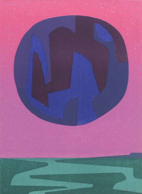 Pedro Coronel: (Mexican, 1923-1985) Untitled, abstract composition, signed lower right "Pedro Coronel", blindstamp for Atelier Clot, Paris, silkscreen on paper, 29-7/8 x 22 in.; silver gilt frame, hinged in, good co