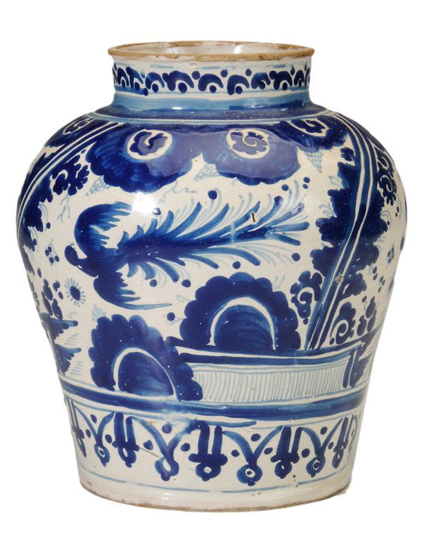 Rare Mexican Tin-Glazed Earthenware: Vase attributed to Puebla area, 1680-1750, ginger jar form with rich blue decoration in the Chinese taste on cream ground, 10-1/4 in., scattered glaze wear and losses especially at rim and base, other