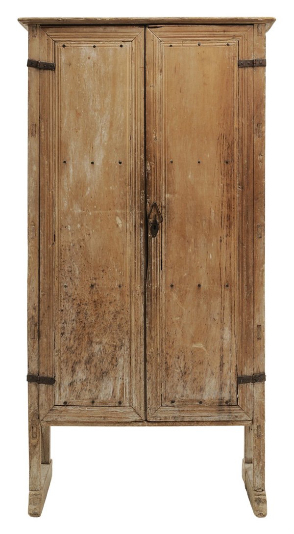 Spanish Colonial [Sabino Trastero]: Mexican, probably second half 18th century, tenon and cut nail construction, trestle-form base, paneled sides and doors, three interior shelves, wrought iron heart-shaped door pull, traces of whitewas