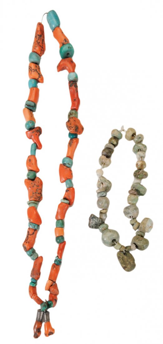 Two Pre-Columbian Shell, Coral and: Stone Necklaces probably Central American, age unknown: one coral and turquoise with fine worn patination; one probably jade throughout, 15 in. and 30 in., both restrung Provenance: Estate of the Late