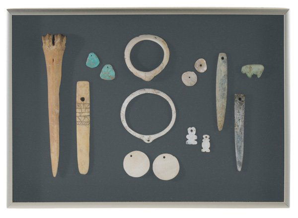 Collection Prehistoric Awls, Earrings,: Bracelets and Fetishes framed as a collection, comprising two bone awls, two stone awls, fine pair turquoise earrings, two shell bracelets, abalone earrings and two figures, turquoise animal fetish, p