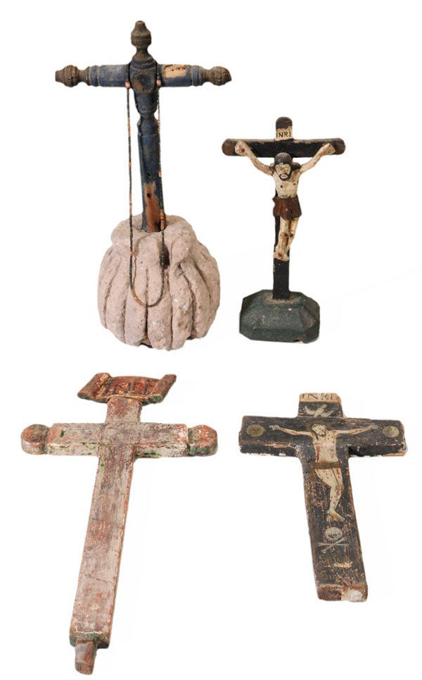 Four Spanish Colonial Crosses: wooden cross draped with small beaded necklace and set in early stone base, Mexico, stone base probably 18th century, cross later, [pest damage, wear and losses, stone base with extensive wear;] toget