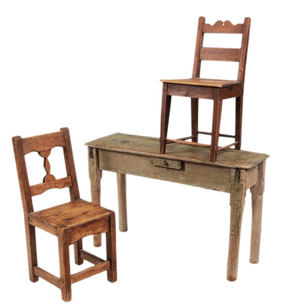 Spanish Colonial Mesquite Table, Two: Side Chairs 18th or 19th century: table mesquite with heavy construction throughout, single small drawer, 29-1/2 x 45-1/2 x 17-1/2 in., [knot hole in top with early copper repair;] together with two e