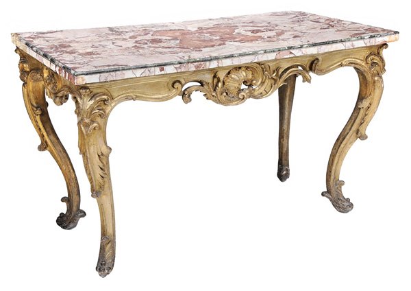 Italian Baroque Carved and Gilt Wood: Marble-Top Pier Table 18th century, frame walnut throughout(?) with gessoed and gilt surface, shell, scroll and [rocaille] decoration, set with fine veneered marble top, 36-1/2 x 60 x 30 in., marble t