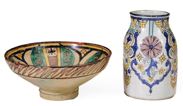 Two Early Tin-Glazed Earthenware: Vessels Spanish or Middle Eastern, comprising a footed bowl with green, blue and yellow decoration, possibly 18th century, 4-1/4 x 10-1/2 in., [large staple repair at rim with voids and infill;] polyc