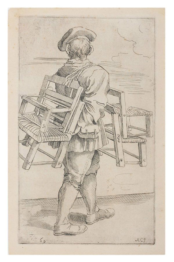 After Annibale Carracci: (Italian, 1560-1609) The Chair Vendor, signed lower right in plate with monogram, etching on laid paper, 10-1/2 x 6-1/4 in. (plate), 11-1/2 x 7-1/4 in. (page), unframed, toning, light foxing Provenanc