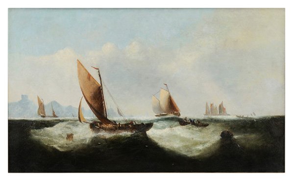 Attributed to William Henry Williamson: (British, 1820-1883) Coastal Scene with Fishing Vessels, unsigned, oil on canvas, 30 x 50 in.; giltwood frame lined, crackle, retouch affecting 50% of surface, mostly in sky, minor flaking Provenance: