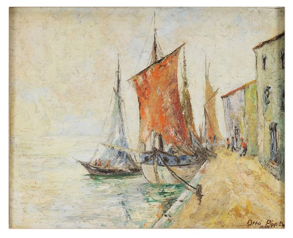 Otto van Pippel: (German, 1878-1960) Boats in a Harbor, signed lower right "Otto Pippel 1955", oil on Masonite, 17-1/4 x 21-1/8 in.; modern frame, light grime; frame with popped corner Provenance: Private Collection