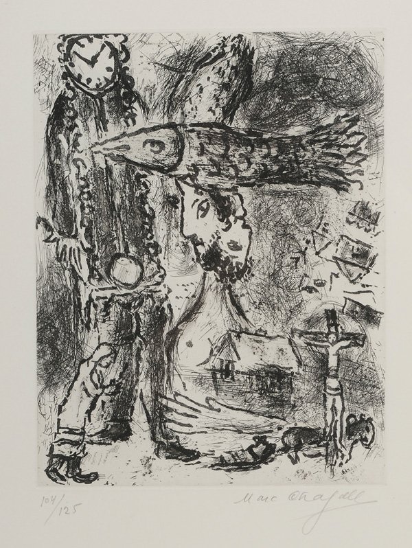 Marc Chagall: (French/Russian, 1887-1985) Composition a l'Horloge, 1971, edition 104/125, from [Trente Ans d'Activité,] published by Galerie Gerald Cramer, signed lower right in pencil "Marc Chagall", etching and 
