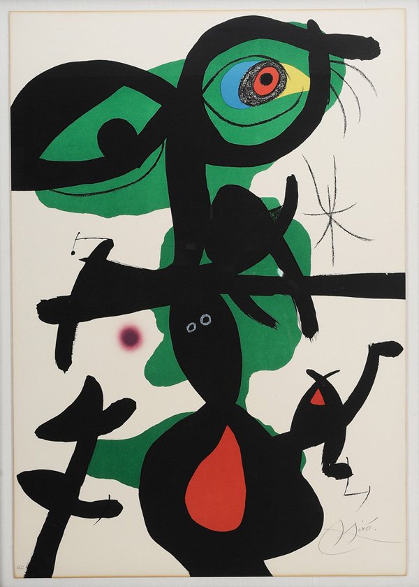After Joan Miro: (Spanish,1893-1983) Untitled, plate 9 (from Oda á Joan Miro), hors couleurs edition, signed lower right "Miro”, color lithograph on paper, 34-1/2 x 23-7/8 in.; black frame, toning, floated Provenan