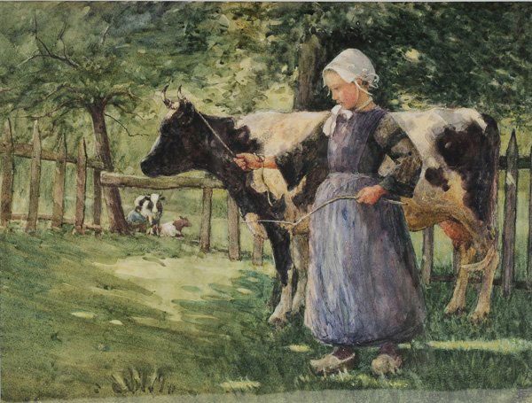 Dutch School: (early 20th century) Dutch Girl Holding a Cow, monogram lower right corner possibly "JFC", watercolor on paper, 12-1/4 x 15-3/4 in.; gilt wood and glass frame, not examined out of frame