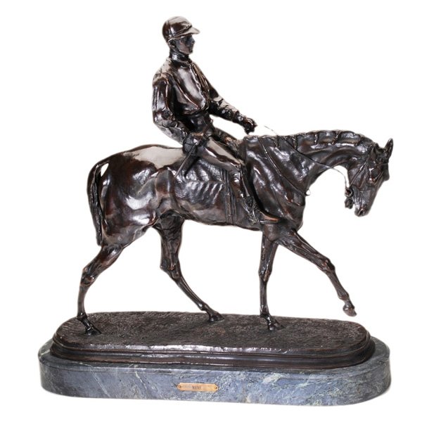 After Pierre-Jule Mène: (French, 1810-1879) Jockey on Horse, signed on base "P.J. Mène", patinated bronze, 16-3/4 x 17-1/4 x 6-3/4 in., good condition Provenance: Private Collection