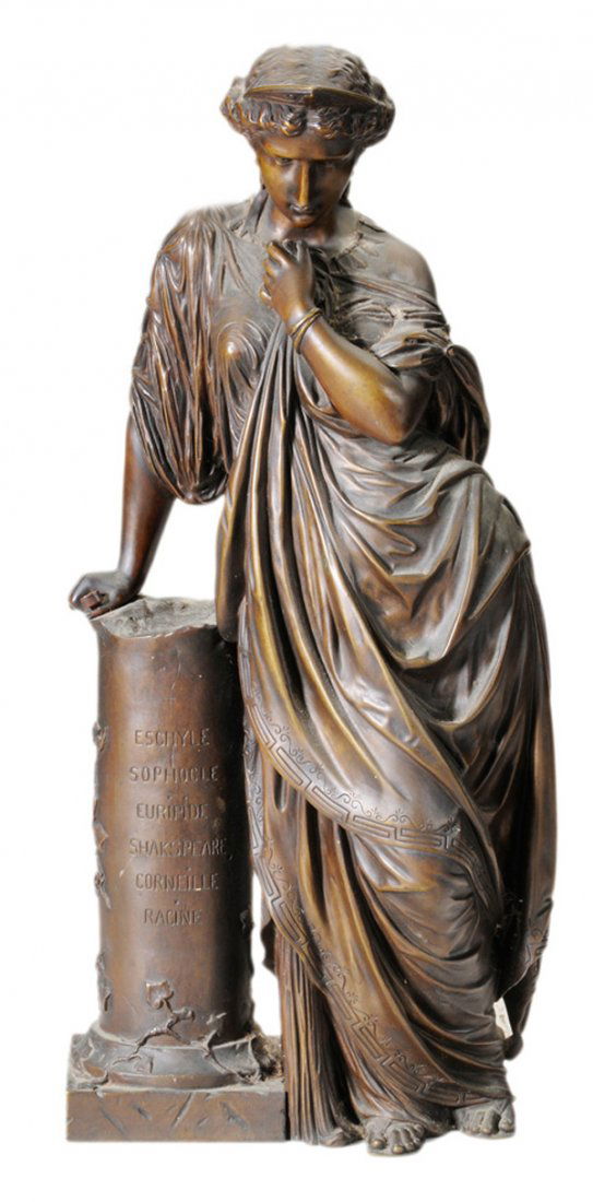 French School: (19th century) Classical Figure, leaning on column inscribed with names of philosophers and writers, likely a pediment for a clock, bronze, 18-1/4 in., abrasions Provenance: Private Collection