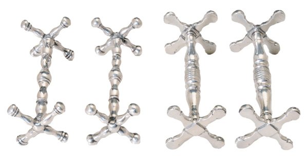 English Silver and Old Sheffield Plate: Knife Rests one pair English silver with marks for London, 1818, partial maker's marks, 2-3/4 in., [one repaired, wear;] one pair probably Old Sheffield plate, marks for John Gilbert, 2-7/8 in., [loss
