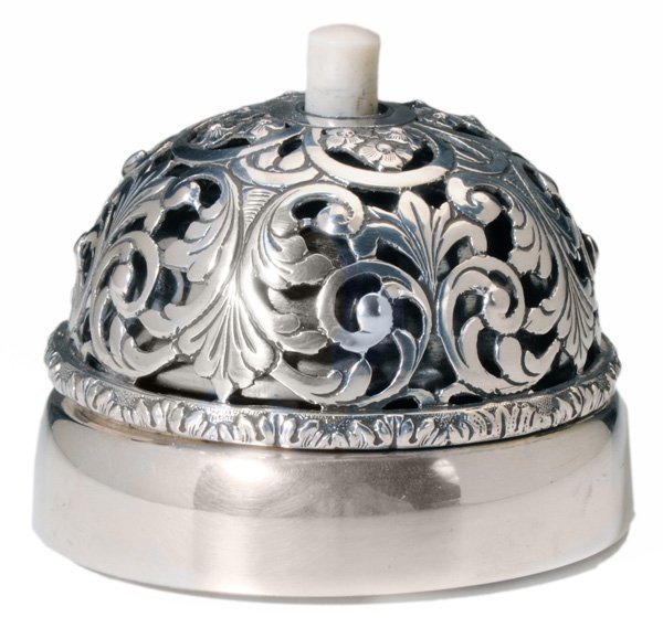 Italian Silver Service Bell: 20th century, openwork acanthus and floral design, no monogram, .800 fine, 2-1/4 x 3 in., good condition Provenance: Private Collection, Georgia