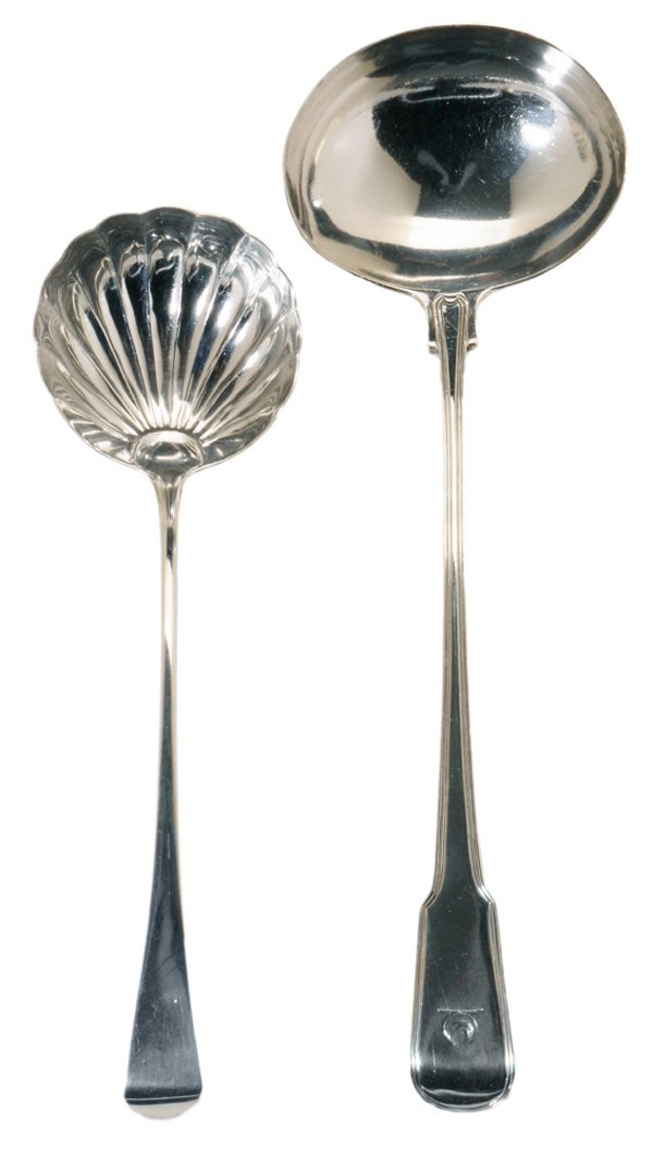 Two George III English Silver Ladles: one with shell bowl, oval downturned handle, marks for Richard Crossley & George Smith, London, 1808, no monogram, 10-3/4 in.; one with reeded fiddle handle, marks for possibly Solomon Hougham, London