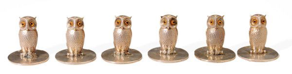 Set of Six English Silver Placecard: Holders Chester, 1905, owl form with yellow glass eyes, marks for Sampson Mordan & Co., no monograms, .925 fine, 4.03 oz.T., 1-1/2 in.; in Mappin & Webb fitted case, silver in excellent condition; som
