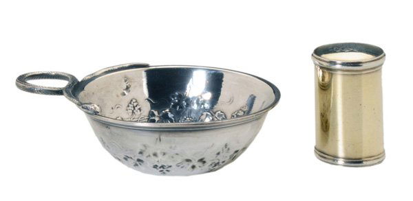 French Silver Wine Taster, Nutmeg: Grater French, 19th century: wine taster with snake handle, grape and vine decoration, marks for France, .950 fine, no monogram, 1 x 4 x 3 in., [good condition;] nutmeg grater with gilt finish, hinged