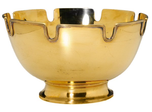 Tiffany Gilt Sterling Monteith Bowl: American, 20th century, marks for Tiffany & Co., "23881", monogram, inscription on base, gilt sterling, 29.97 oz.T., 5-1/4 x 9-1/4 in., discoloration to gilt, light scratches Provenance: Estate of the
