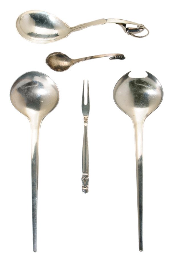Georg Jensen Sterling Flatware: Denmark, 20th century, Argo salad serving set; Acorn pickle fork; blossom style ladle and jelly spoon, marks for Georg Jensen, no monograms, 10.44 oz.T., (five pieces); detailed list available