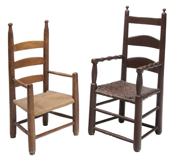 Two Early American Ladder-Back: "Armchairs both possibly Southern, 18th or 19th century: one with turned arms and dark reddish-brown paint, early split seat, 37-1/2 x 17-1/2 x 16 in., [loss to top slat, other surface wear throughout