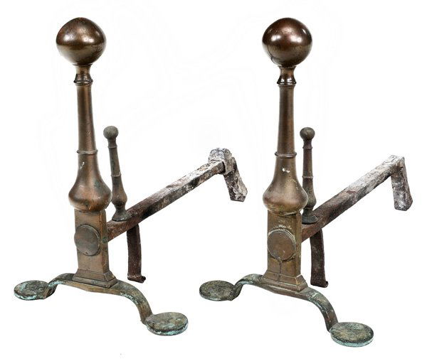 Pair Bell Metal Penny-Foot Andirons: possibly American, probably 18th century, in the Rhode Island taste with ball finials and fitted with log stops, 14-1/2 x 18 x 9-3/4 in., surface wear and corrosion consistent with age and use Provena