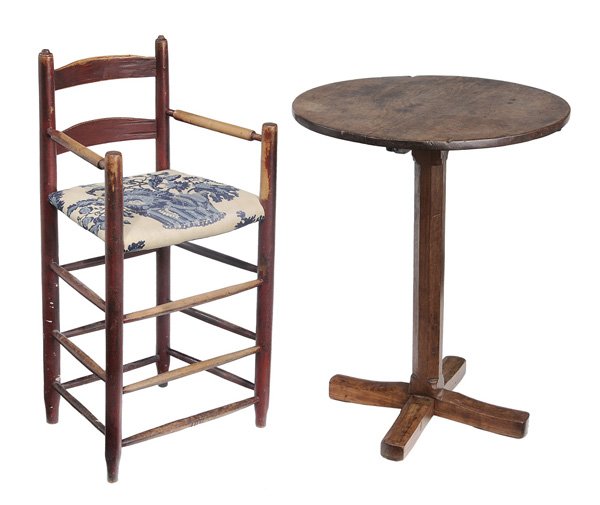 American Table and Highchair: red-painted child's highchair, 19th century, traces of early dark red paint overall, fabric-upholstered seat, 35 x 18 x 15; together with a walnut candle stand, 19th century, walnut throughout, single