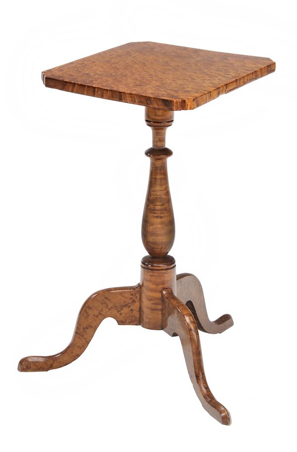 American Federal Bird's-Eye Maple: Candle Stand New England, late 18th/early 19th century, highly figured maple throughout, top with shaped and notched corners, 25 in., good condition overall, top reset, refinished, minor surface flaws