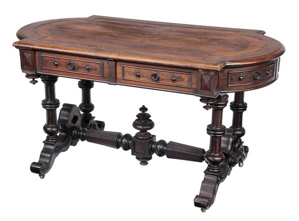 Victorian Walnut Partner's Desk: American, third quarter 19th century, walnut throughout, each side set with single drawer with walnut secondary and single false drawer, trestle-form base, 29 x 54 x 31 in., lacking marble for top (no