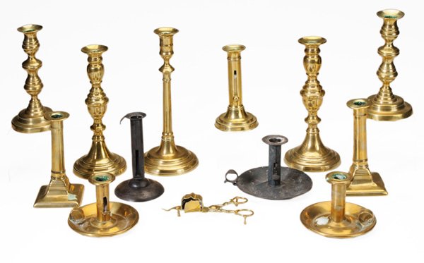 Group of Thirteen Brass and Iron: Push-Up Candlesticks, Brass Snuffer 18th and 19th centuries, comprising four pairs brass, one single brass, two iron hog scraper forms, and a brass trimmer/snuffer; together with pair stationary brass