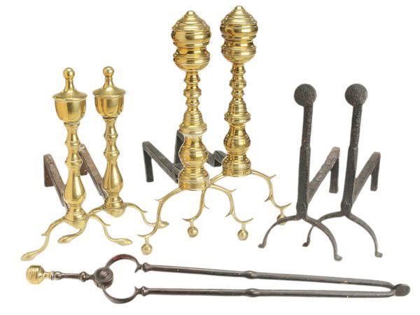 Three Pairs Period Andirons, Tongs: American, 19th century: one pair classical brass, 18-1/2 in.; one pair wrought iron, 13-1/2 in.; one pair with urn finials, 14-1/4 in., [later rods and other possible restorations;] pair brass and ste