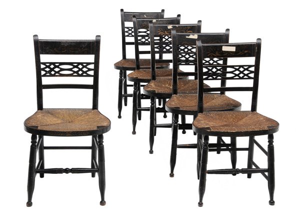 Set of Six Stencil-Decorated Hitchcock: Chairs American, 19th century, each with stenciled back and painted highlights on black ground, probably original rush seats, 34 x 18-3/4 x 18-1/2 in., good condition overall, scattered surface wear, 