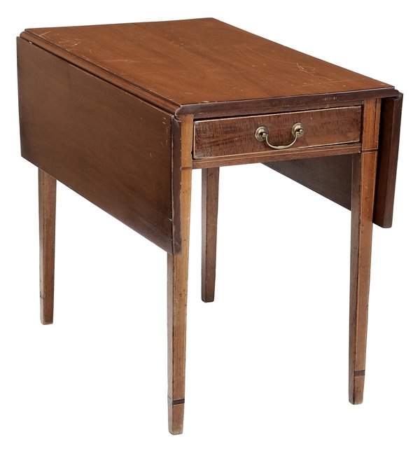 American Federal Inlaid Pembroke Table: early 19th century with restorations, mahogany and birch with line inlay, 29 x 21-1/2 (opens to 42-3/4 in.) x 34 in., top replaced, surface scratches, wear, cracks and repairs Provenance: Private Coll