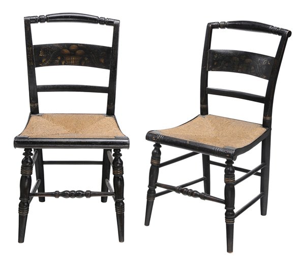 Pair Stencil-Decorated Hitchcock: Chairs stenciled mark for "Hitchcock Alford & Co., Hitchcocksville, Conn Warranted", grained and stenciled paint decoration, rush seats, original surfaces, 35 x 17 x 16 in., good condition with scatte