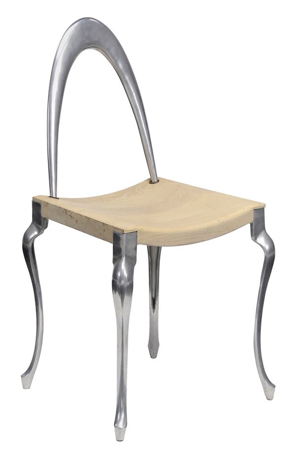 Modern Cast Aluminum and Hardwood: Side Chair designer unknown, shaped ash(?) seat, 35-3/4 x 19-1/2 x 16 in., surface wear and pitting, some elements slightly loose