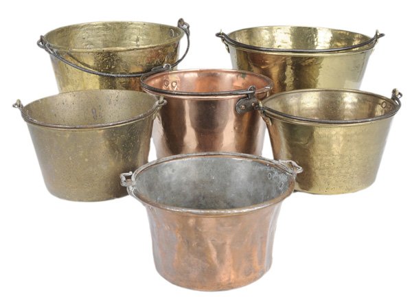 Six Brass and Copper Kettles: all probably American, 19th century: one marked "HW Hayden Co.", all with iron carrying handles, largest 7 x 12-3/4 in. (excluding handles), surface wear, dents, patches, polish residue and other flaw