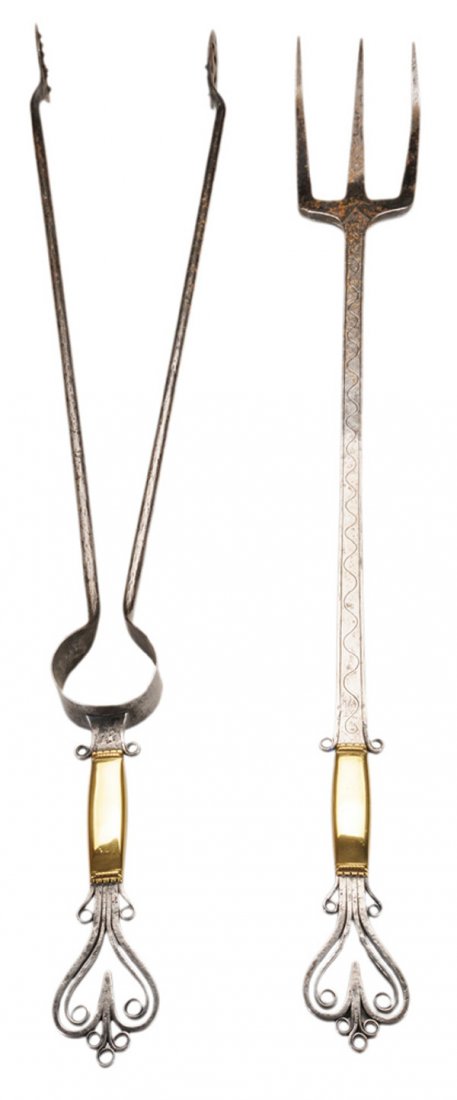 Two Fine Wrought Steel and Brass Fire: Tools probably American, 20th century, fork and tongs finely crafted with scrolled heart tops, 36 in., polished surfaces, scattered dents and wear consistent with age and use, one fork tine slightly b