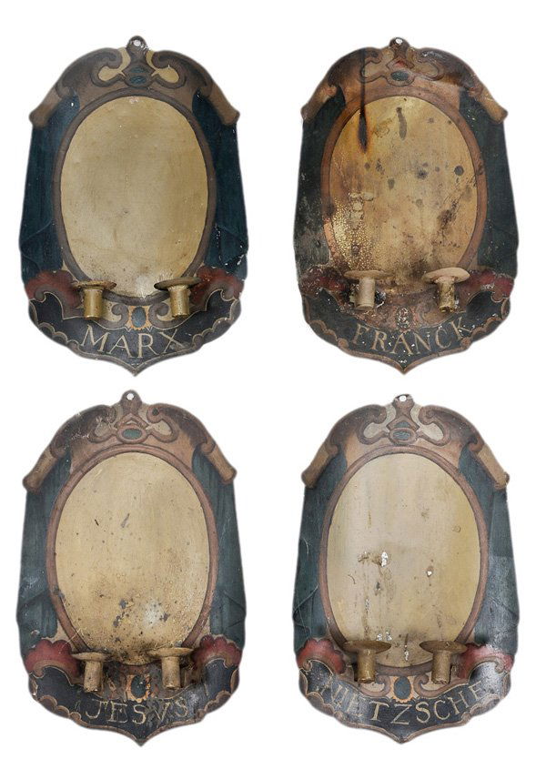 Set of Four Painted Tole Two-Light: Sconces early 20th century, variously inscribed "Marx", "Franck", "Jesus" and "Nietzsche", 19-1/2 x 12 in., paint losses, stains, surface wear and dents, one candle cup replaced, other restorations an