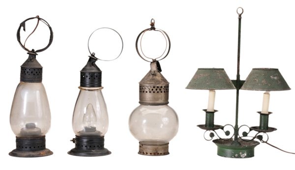Three Early Blown Glass and Tole: Lanterns American, 19th century, each with star punched vents, fitted for electricity, 17-1/2 in., [need rewiring, glass generally good, tole with surface dirt and wear, minor dents;] together with a
