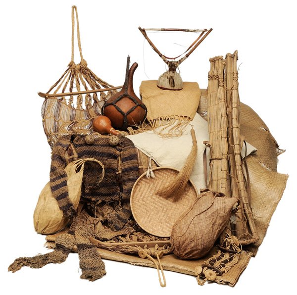 Large Group Assorted Tribal Fiber and: Fabric Articles African, various tribes, 20th century: including rice bags, woven mats, woven fiber hammock, blanket, two gourds, other objects, (approximately 14 items), various states of repair and 