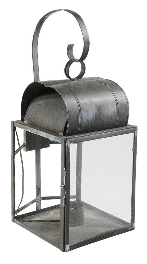 Patinated Copper Architectural Lantern: 20th century, square form with scrolled support, 36 x 13-1/4 x 13-1/4 in., lacking glass on sides and back, resoldering to door, other bent and loose elements, Provenance: Private Collection