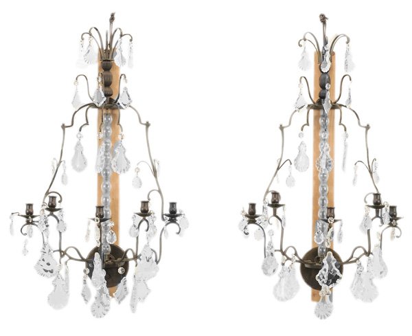 Pair Venetian Style Brass and Crystal: Five-Light Sconces 20th century, each with scrolled arms hung with cut prisms, 30 in., lacking several prisms, some arms slightly bent and/or with casting flaws Provenance: Doyle Galleries, New York