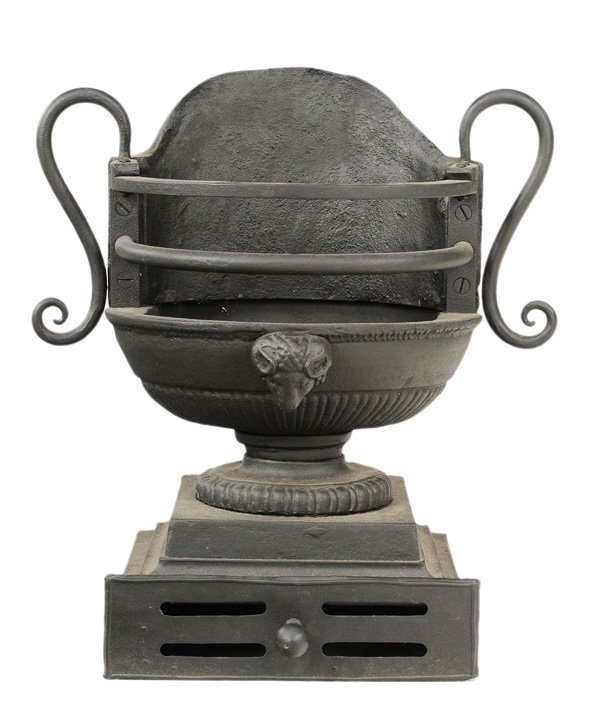 Cast and Wrought Iron Urn-Form Coal: Grate British, 19th century, the front set with ram's head mount over a slotted drawer, 22 x 20 x 13 in., resurfaced, otherwise generally good condition with surface wear and flaws consistent with age