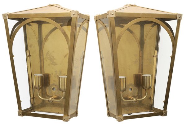 Pair Brass and Glass Indoor/Outdoor: Lanterns modern production from Remains Lighting, New York, 17 x 12 in., good condition, light surface spotting and finish variation