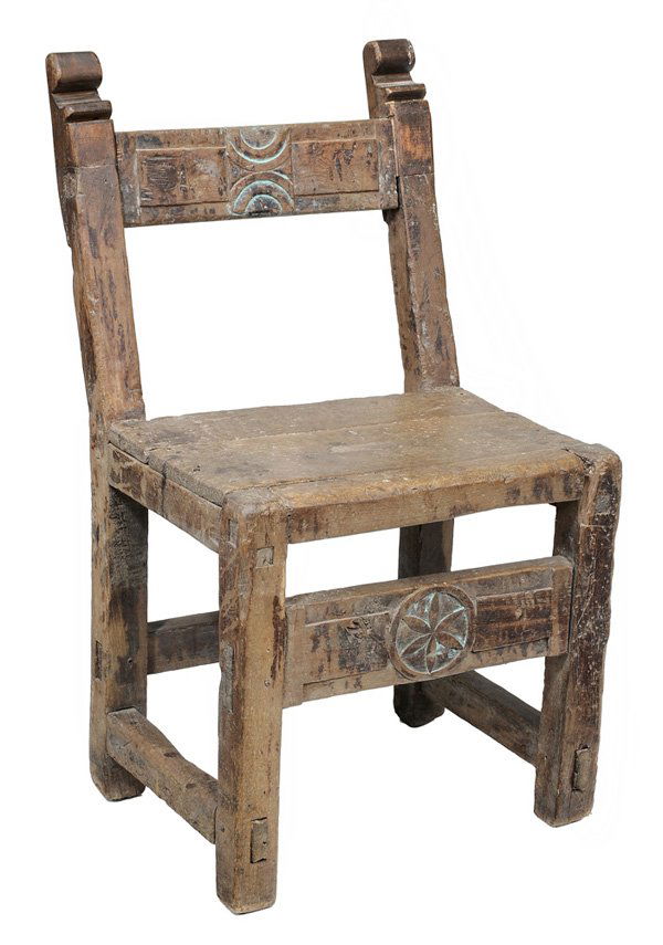 Early Spanish Colonial Side Chair: possibly Mexican, 18th/19th century, back and front stretchers with compass stars and traces of green pigment, through-tenon construction, 35 x 19-1/4 x 19-1/2 in., top of both rear stiles restored, o