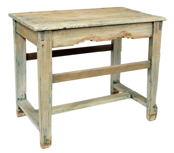 Early New Mexican Table: probably 19th century, pine throughout, through-tenon construction, cutouts on front and back skirt, traces of green and orange paint, 30 x 60 x 22 in., middle stretchers and side skirts probably repl