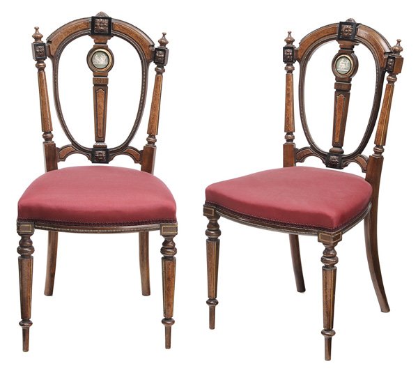 Pair Victorian Porcelain-Inset Side: Chairs circa 1860s, carved rosettes, line-inlaid burlwood veneers, sprigged porcelain plaques, 35-1/2 x 17 x 17 in., abrasions to porcelain plaques, other chips and surface wear Provenance: Property D
