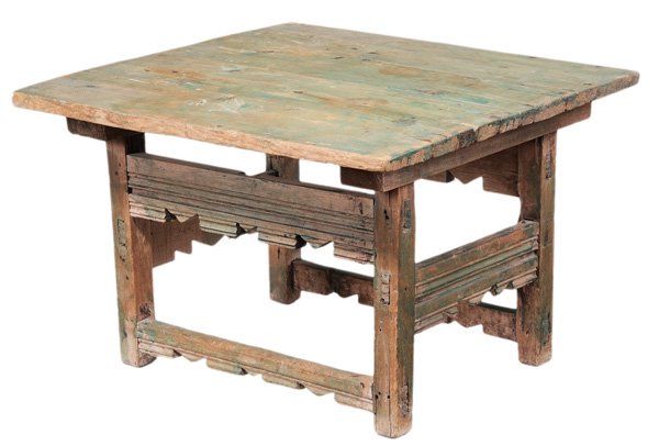 New Mexican Side Altar Table: 19th century, pine throughout, through-tenon construction, traces of green paint, 19-1/2 x 30 x 27 in., top and batten supports replaced, base with scattered cracks and surface wear, small patch and r